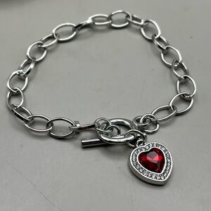 Silver Heart Charm Bracelet with Red Gemstone - stylish gift